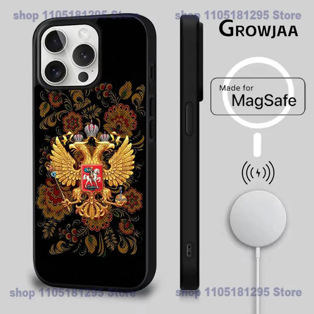 Фото Чехол для телефона с национальным гербом России для iPhone 17,16,15,14,13,12,11,Pro,Max,Plus,Mini,SE4,E Magsafe с беспроводной зарядкой №3