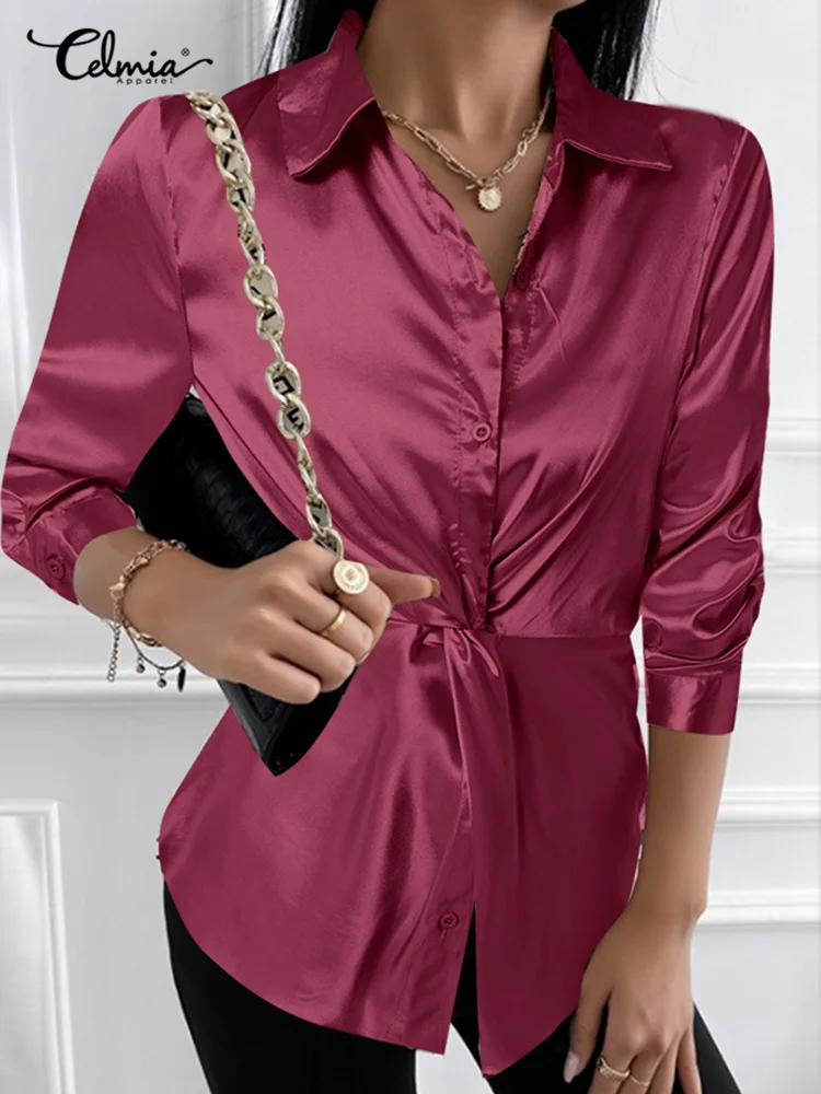 

Модные блузки Celmia с лацканами, элегантные офисные женские атласные рубашки с длинным рукавом, Женская Летняя туника на пуговицах 2022, топы