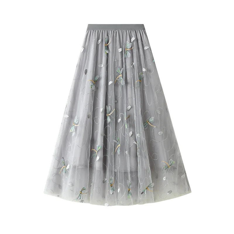 

2023 Winter 3D Three-dimensional Embroidery Dragonfly Embellished Mesh Skirt Women's Summer 3 Color French Romantic Skirt