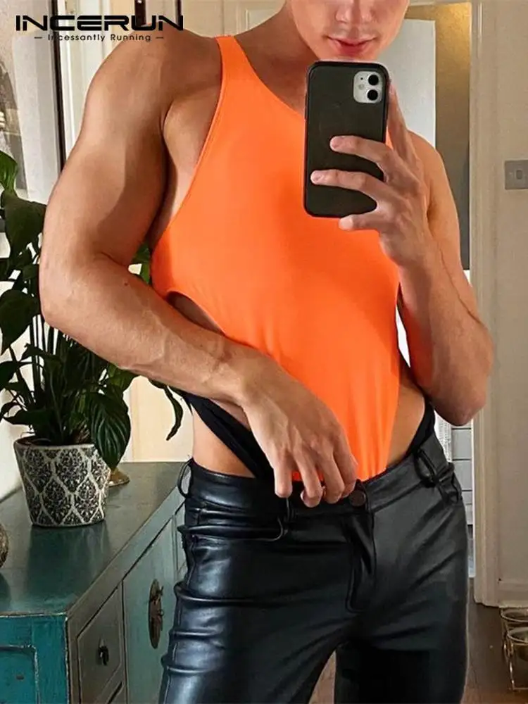 

Men Bodysuits Patchwork Homewear O-neck Sleeveless Sexy Pajamas Hollow Out Skinny 2022 Sexy Underwear Men Bodysuit S-5XL INCERUN