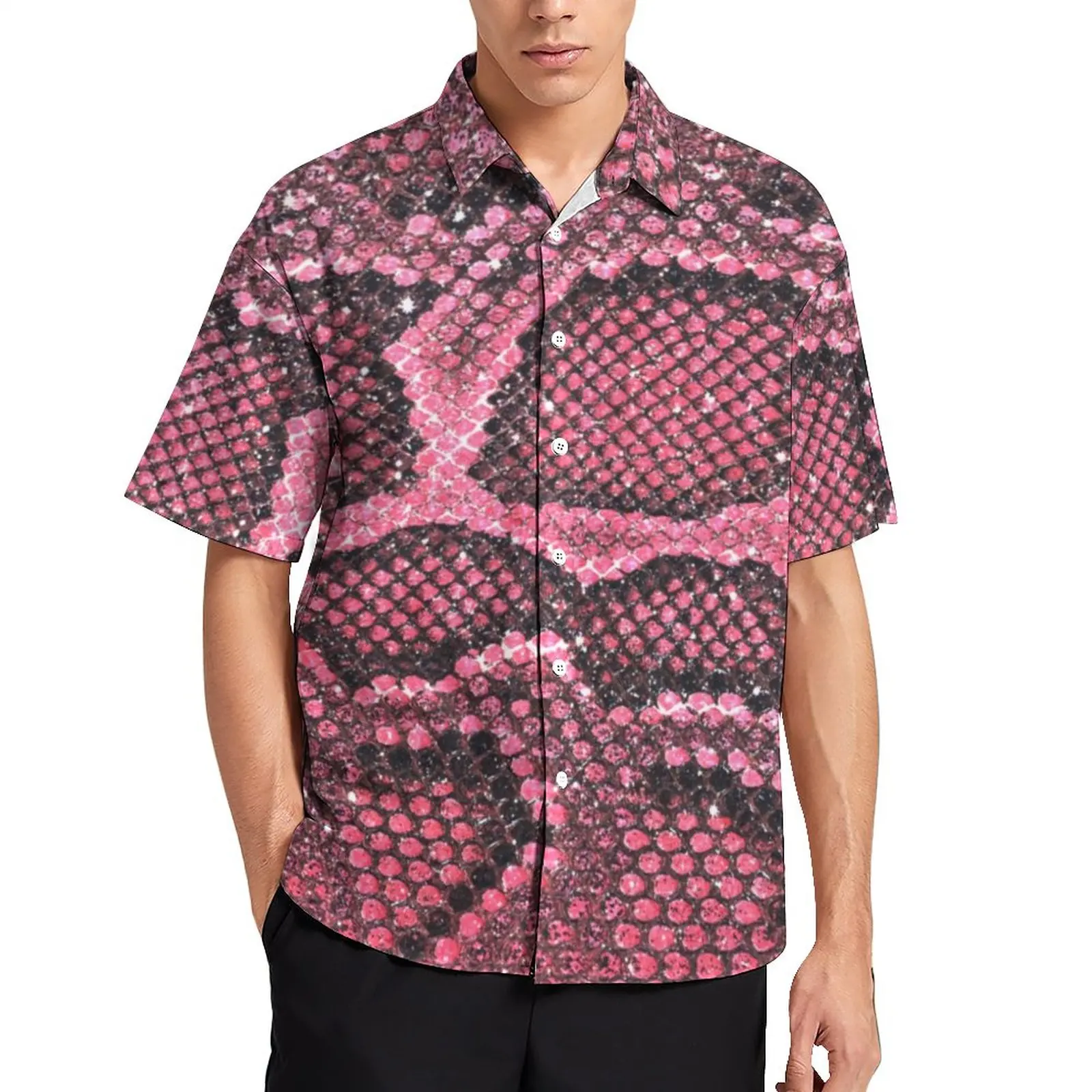 

Snakeskin Print Beach Shirt Pink Animal Scales Casual Shirts Male Street Style Blouses Summer Short Sleeve