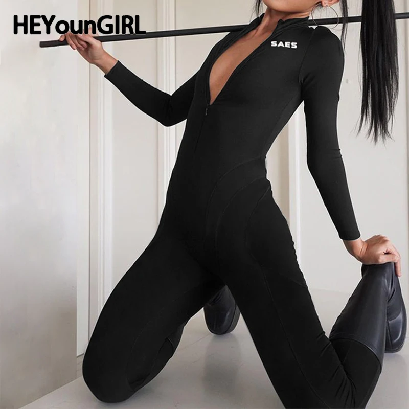 

Сексуальный женский черный комбинезон HEYounGIRL, облегающее боди на молнии с длинным рукавом и буквенным принтом, длинные брюки, базовые комбинезоны в стиле High Street