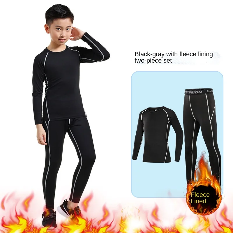 

Kid's Tights Training Suit Solid Color Black Grey with Fleece Lining Speed Dry Boy Winter Suit Sports Cycling Riding Kit 2pcSet