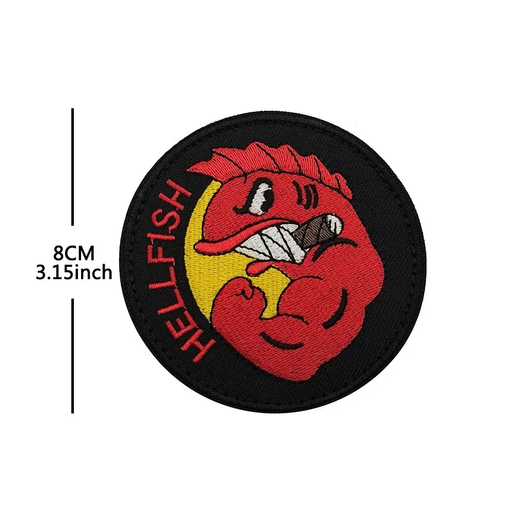 Фото Нашивка с вышивкой «Hellfish» для улицы, тактическая вышитая нашивка «Мутант-рыба» на липучке, моральная нашивка для самостоятельного украшения курток и рюкзаков №2