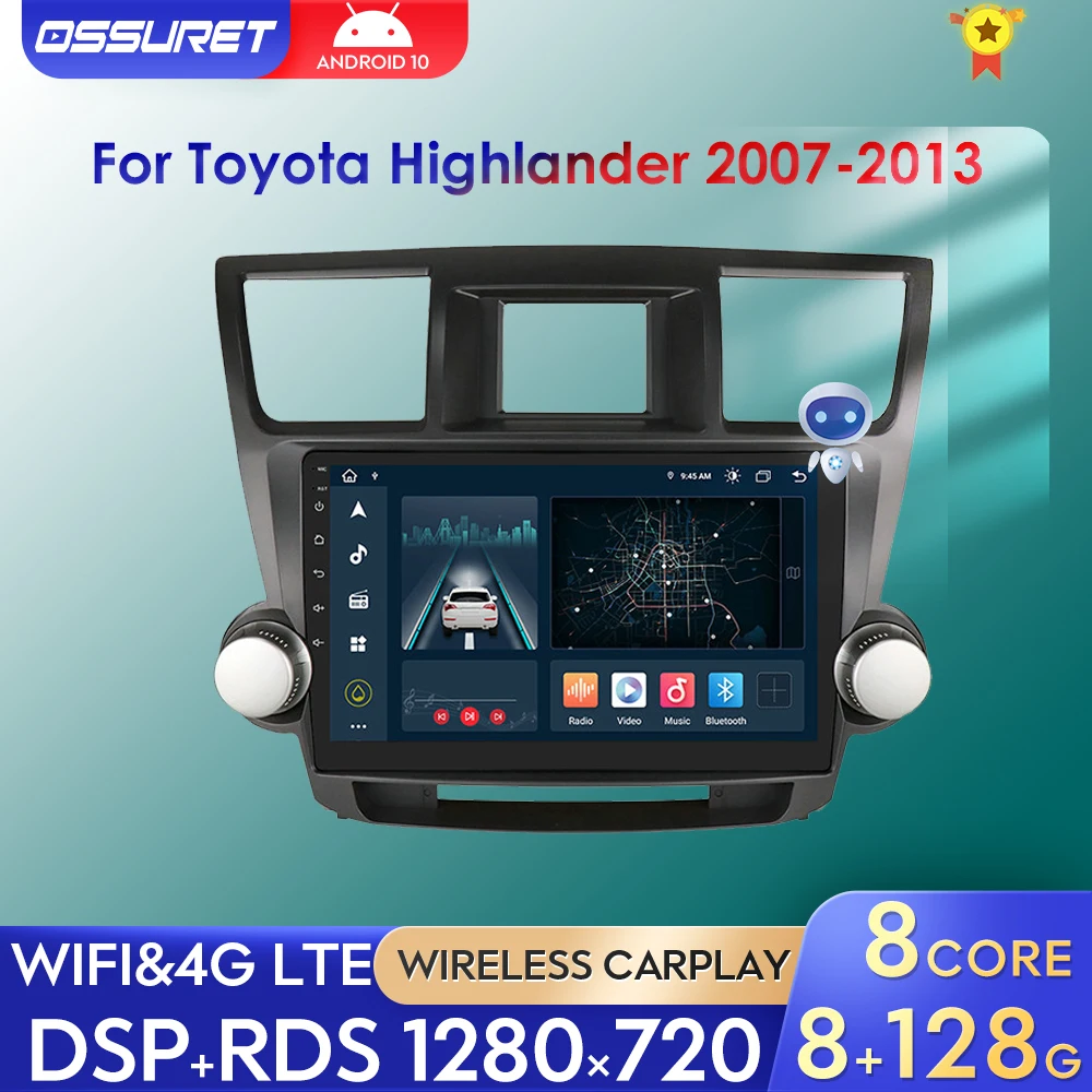 Автомобильная Мультимедийная магнитола AI 8G + 128G Android 10 для Toyota Highlander 2007-2013