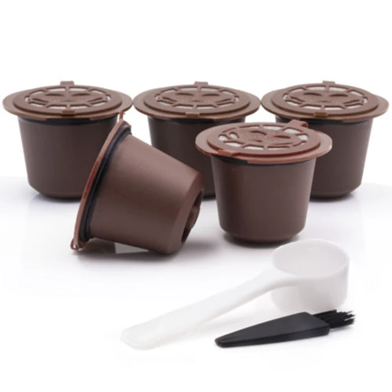 

5Pcs Stainless Steel Filter Reusable Coffee Capsules Pods +Spoon Plastic Filter Cup For Nespresso Machine