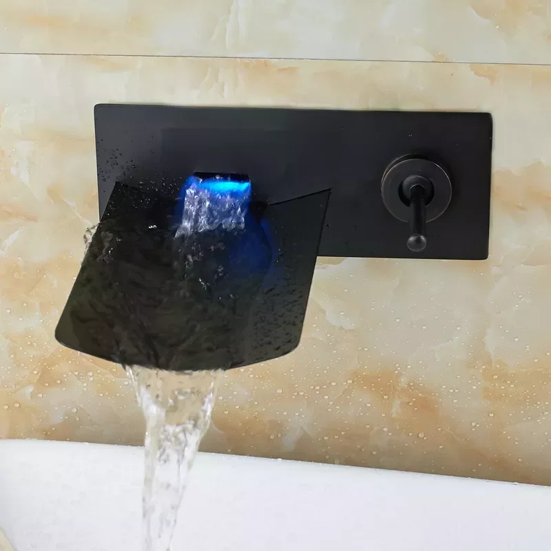 

NEW IN Wall Mounted Single Handle Bathroom Sink Mixer Taps Waterfall LED Color Changing Dual Hole Basin Faucet