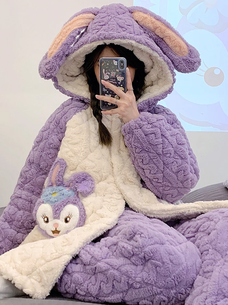 Coral Fleece Pajamas Autumn and Winter Women Three-Layer Quilted Thickened Cartoon Cute Flannel Long sleeve Home Wear Set