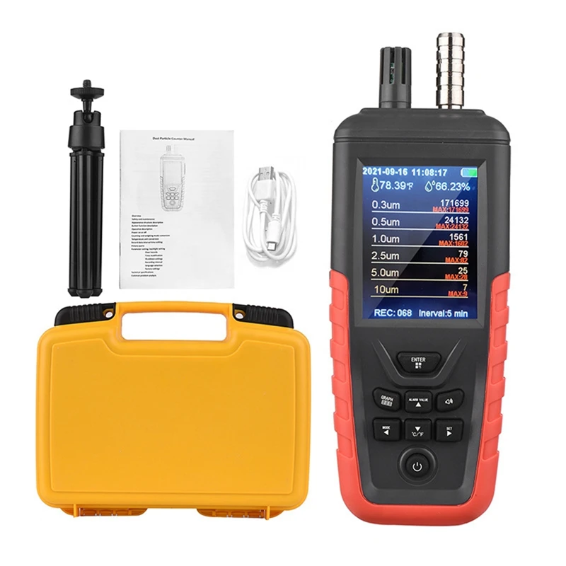 

Dust Particle Counter 6-Channel 0.3Um/0.5Μm/1.0Μm/ 2.5Μm/ 5.0Μm/10Um PM2.5 PM10 With 3.2-Inch TFT Air Quality Tester