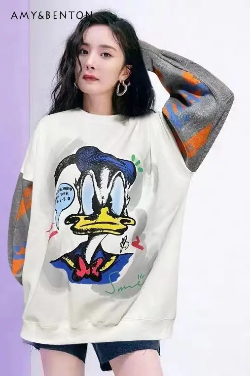 2022 Autumn and Winter New Cartoon Patchwork Knitting Sweatshirt for Women Long Sleeve Loose-Fitting Plus Size Pullover Tops
