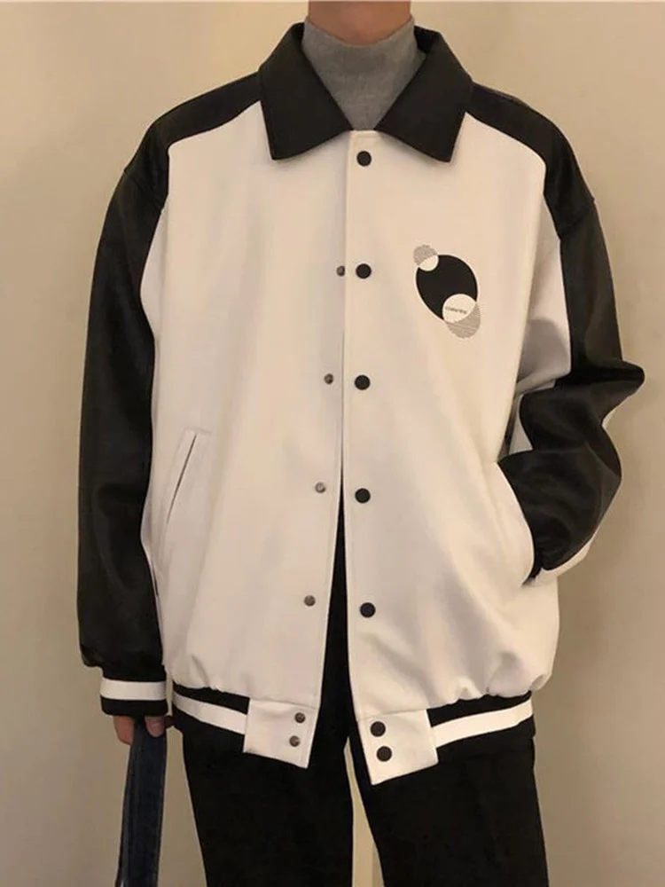 

Vintage Baseball Jacket Bomber Varsity Jackets White Black PU Leather Outerwear Coats Men Clothing Streetwear Windbreaker 2022