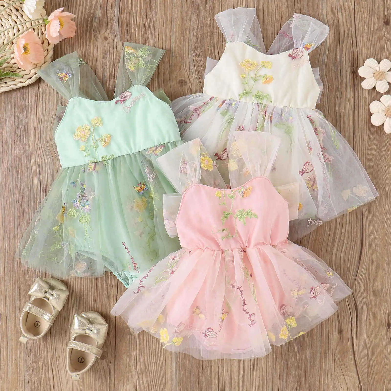 New Summer Newborn Baby Girl Clothing Strap Embroidered Flower Gauze Princess Birthday Party Puffy Skirt Infant Jumpsuit Clothin