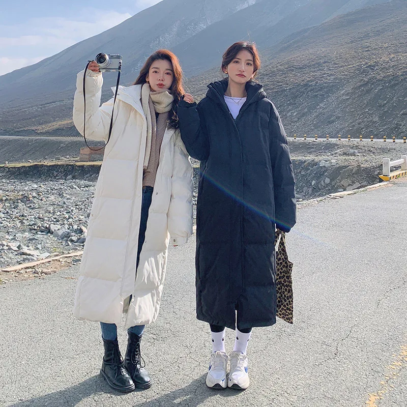 

Женская длинная хлопковая куртка до щиколотки, зимняя утепленная свободная хлопковая уличная одежда с шапкой, 2022