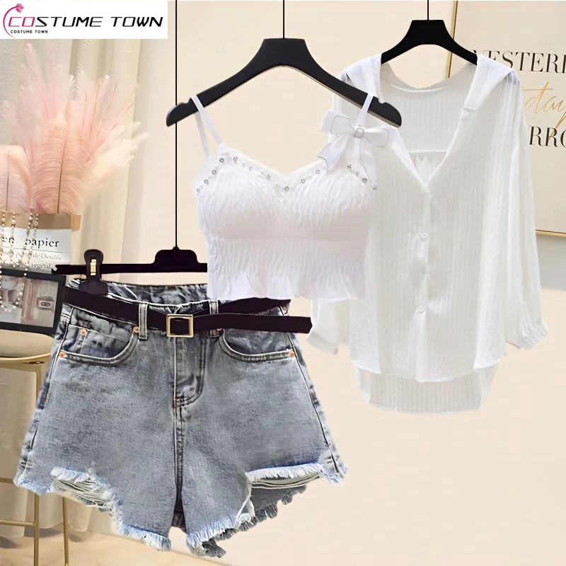 Spring/Summer Set Women's 2023 New Korean Edition Age Reducing Hanging Strap Tank Top Shirt Jeans Three Piece Set