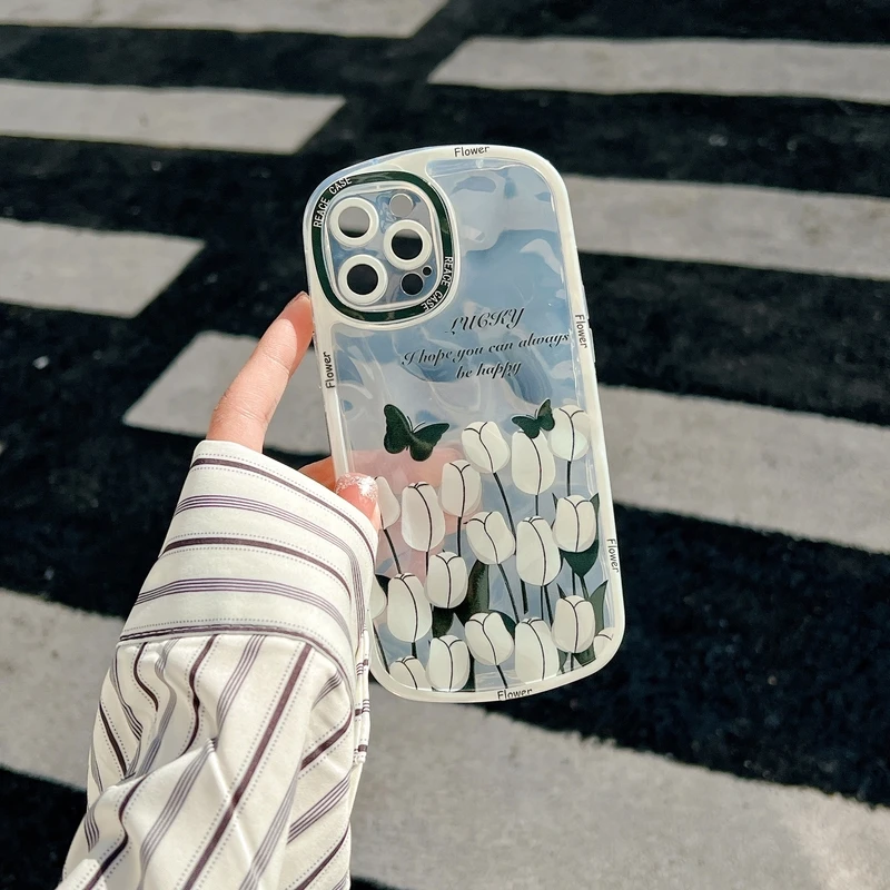 

Retro Art Butterfly Tulip Flowers Korean Phone Case For iPhone 11 12 13 Pro Xs Max X Xr Cases Transparent Soft Cover Coque