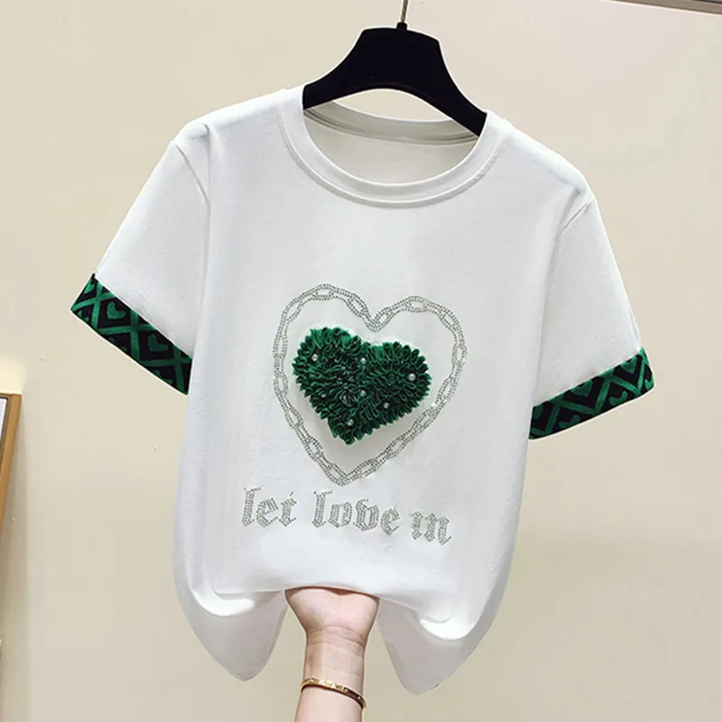 

Новинка 2022, шикарные топы в форме сердца с аппликацией, качественная футболка, модные повседневные свободные Дизайнерские блузы, Женская Ми...