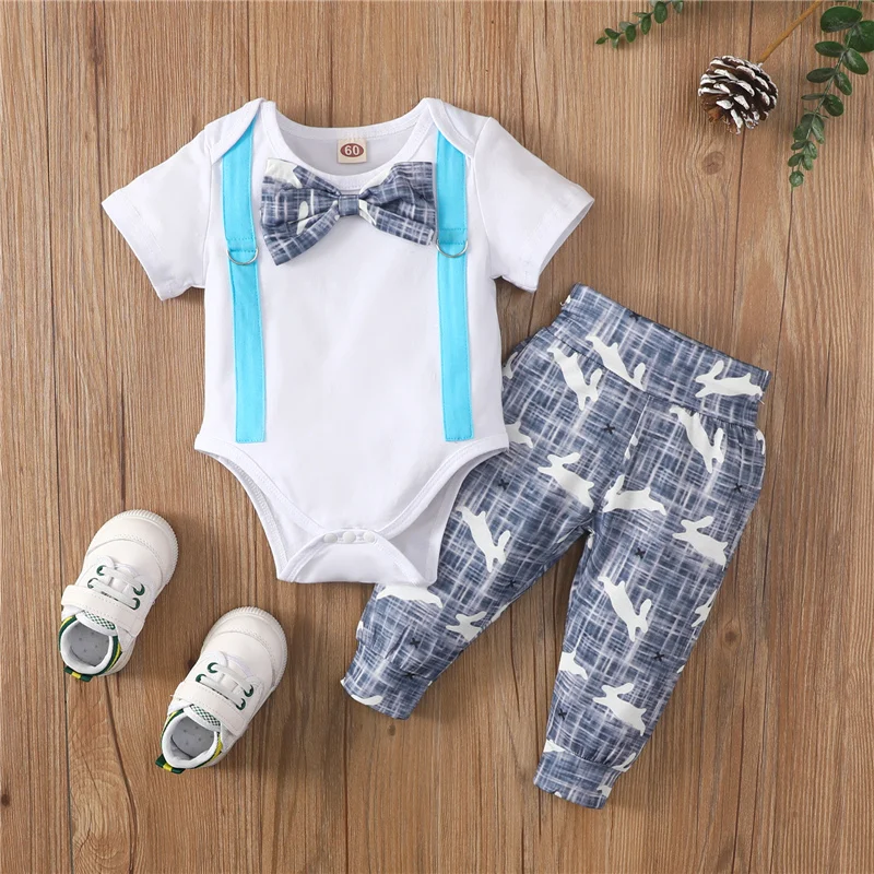 

Newborn Baby Boy Easter Outfit Short Sleeve Bow Tie Romper Bunny Pants Set 2Pcs Baby Boy Easter Clothes Sets