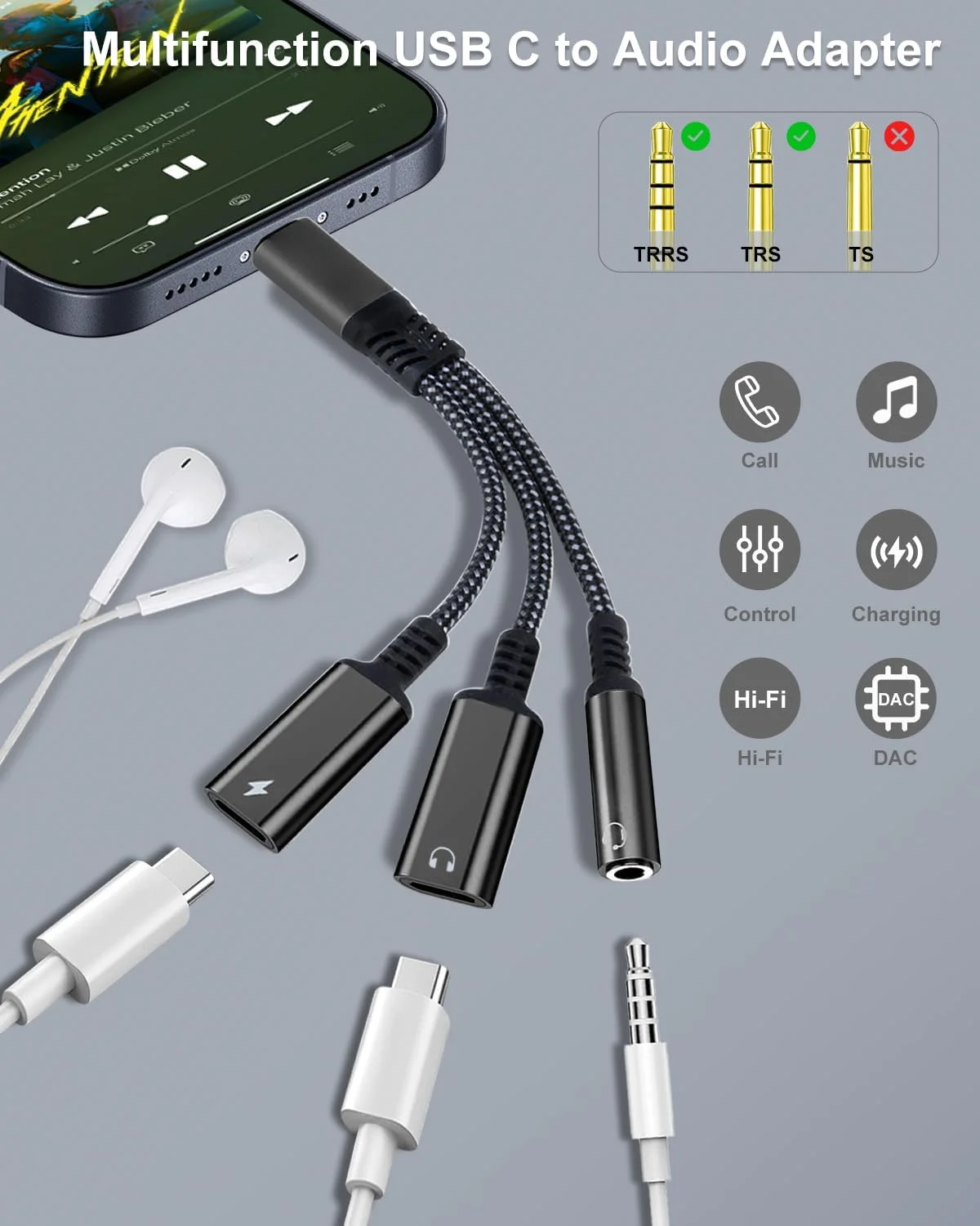 Фото Адаптер USB-C на 3,5 мм для наушников и зарядки, 3-в-1, USB-C на аудиоадаптер Aux, быстрая зарядка 60 Вт для Samsung, зарядное устройство PD 60 Вт №2