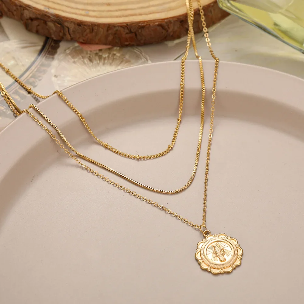 Creative Simple Fashionable Elegant Women's Jewelry Multi-layer Gold Lotus Buddha Image Necklace 3-piece Set New Cross-border St |