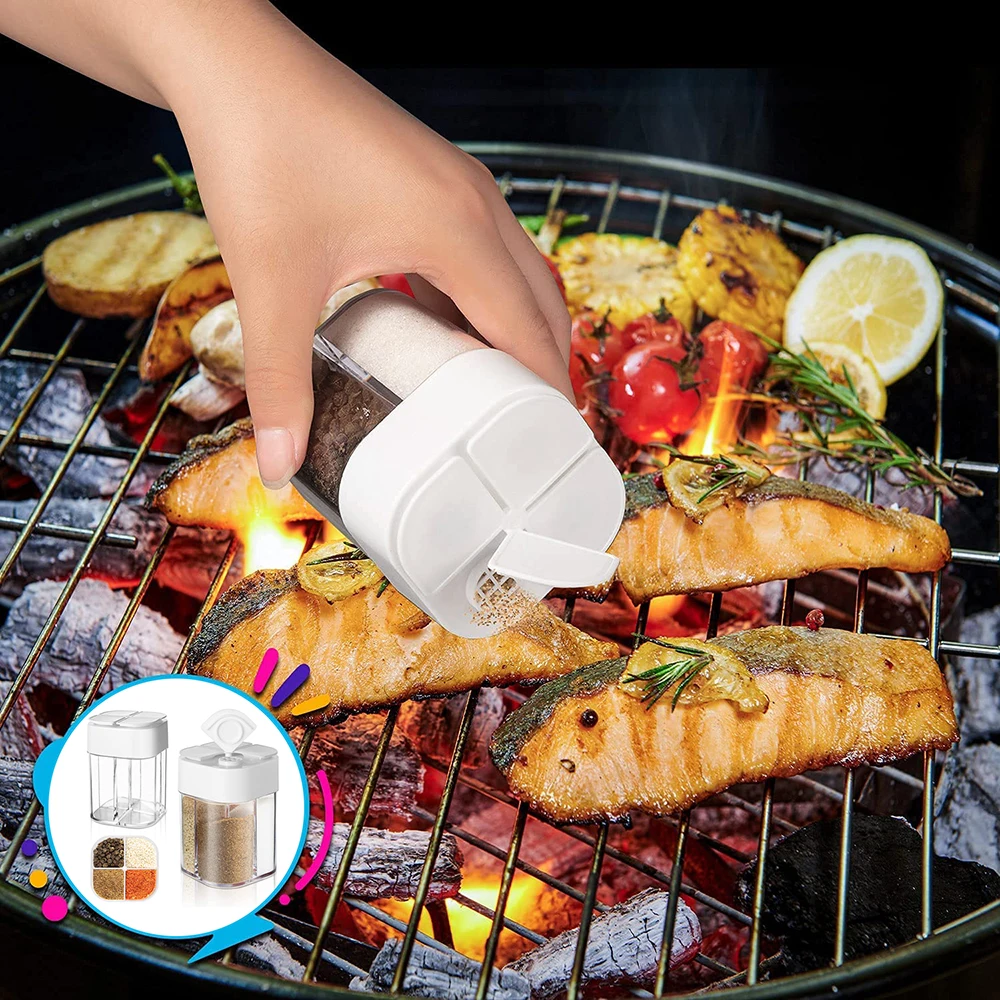 

4 in 1 Plastic Salt and Pepper Shaker 4 Grids Flip Empty Spice Dispensers Travel Spice Container Compartment Seasoning Shakers