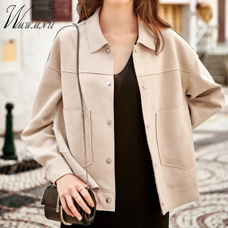 

Elegant Faux Suede Cropped Jackets Women Korean Fashion Lapel Loose Beige Spring Coats New 2023 Fall Classic Short Veste Femme