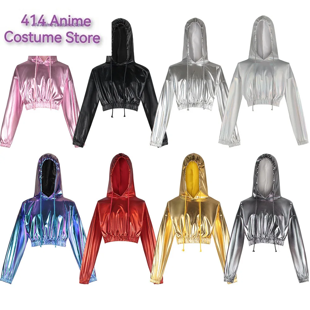 Сексуальные укороченные худи с голографическим рисунком Женская Блестящая