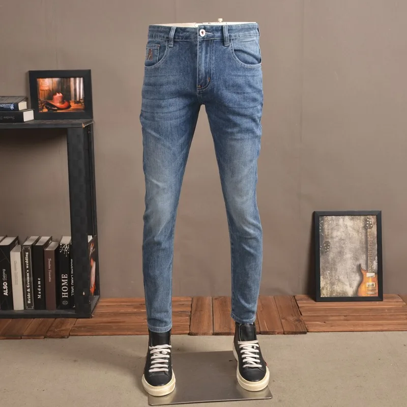 Summer Men Blue Jeans Fashion Korean Style Slim Fit Pencil Pants Streetwear Casual Lightweight Denim Trousers