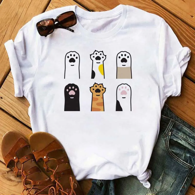 

Женские футболки Kawaii в виде кошачьей лапки, модная женская рубашка в стиле 90-х, одежда для девушек, футболка, Женский Топ, женские футболки с ...