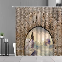 vintage style shower curtain retro old arched door brick wall scape waterproof fabric bath curtains bathroom decor with hooks