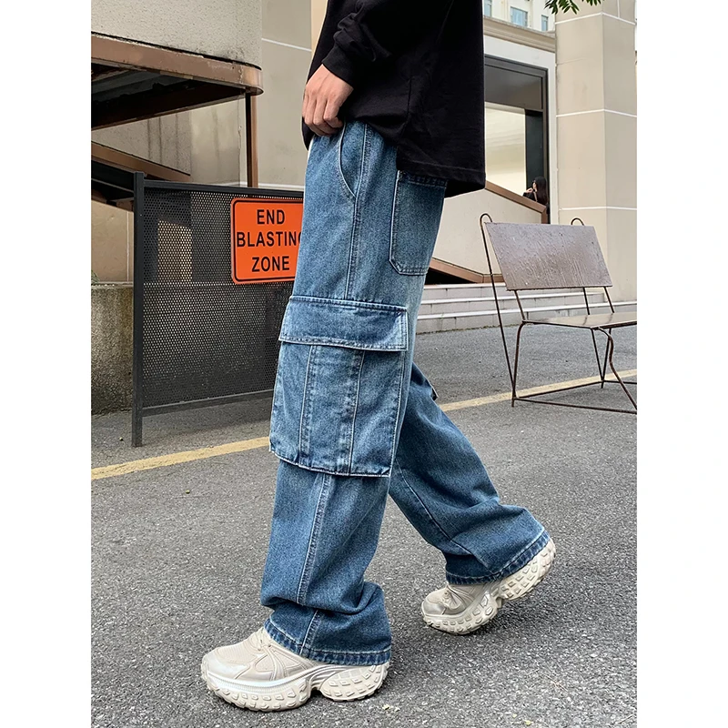 Мужские винтажные джинсы свободные прямые с большими карманами осень 2024