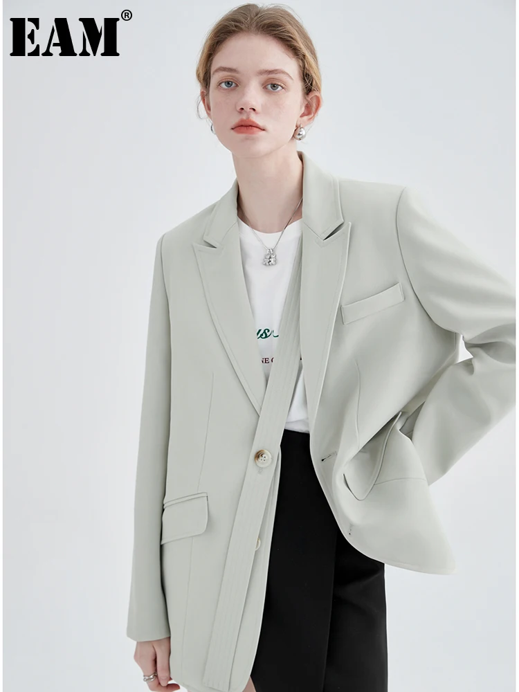 

[EAM] женский зеленый Повседневный Блейзер большого размера с лентами, новая свободная куртка с отворотом и длинным рукавом, модная демисезонная 2023 1DE6255