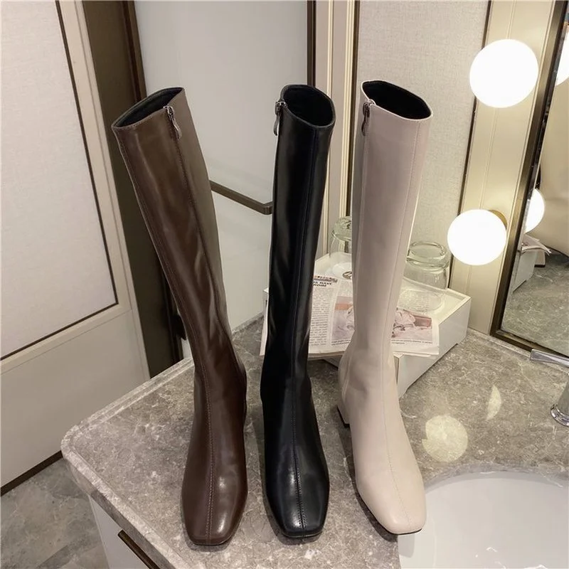 

Women Warm Long Boots Woman Knee High Booties Ladies Shoes Platform Thick Heel PU Leather Soft Zipper Woman Fashion Winter 2022