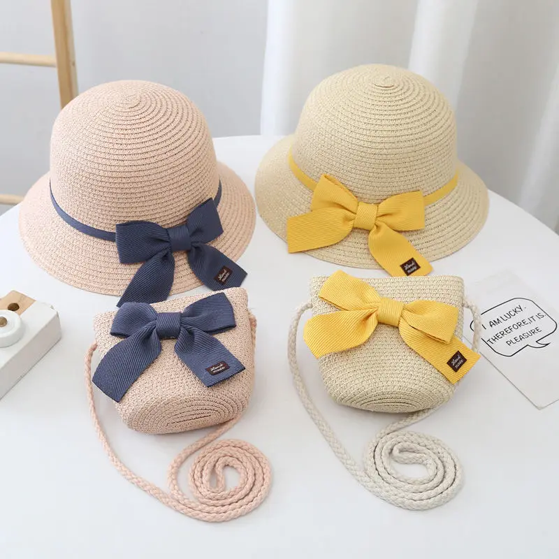 Fashion Parent-child Beach Caps bags New Women's Sun Hat Bucket cap beige Bowknot Flat top Straw Hat for Summer