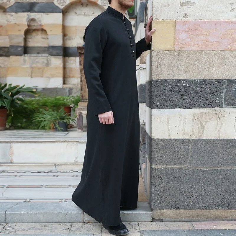 Men's Robe Middle East Ramadan Button Simple Atmosphere Abaya Thoub Muslim Fashion New Solid Color Islamic Clothing Mens Jubba