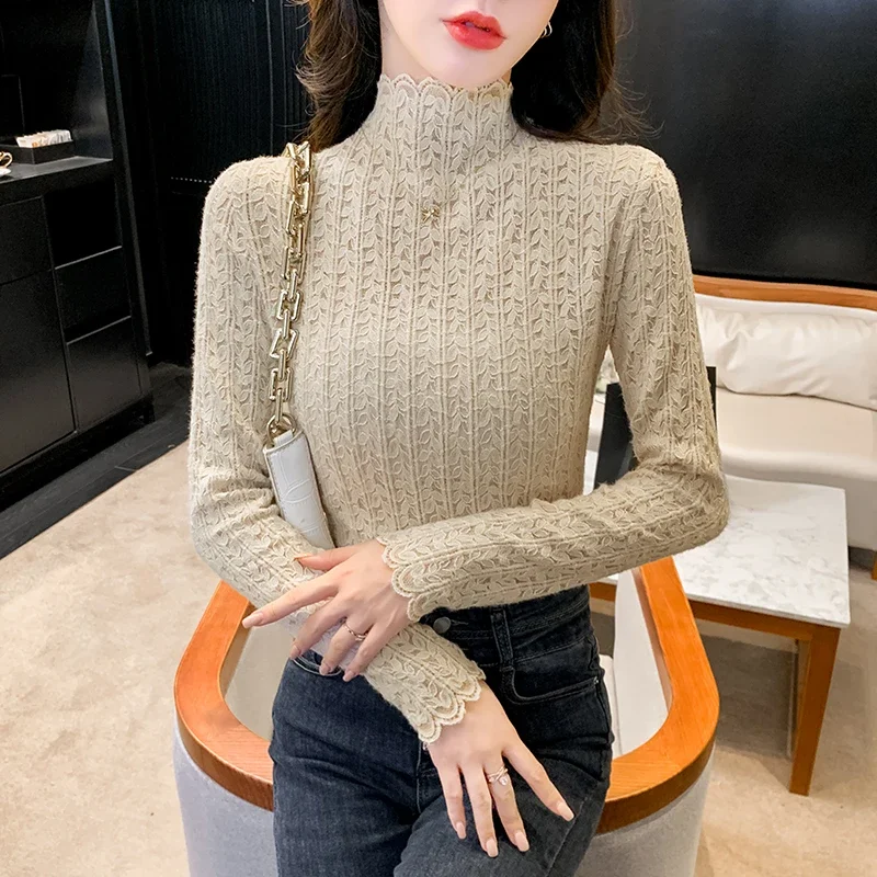 Fashion Long Sleeve Women Blouse Mock Neck Lace Shirt Tops Camisas Blusas De Mujer Para M670
