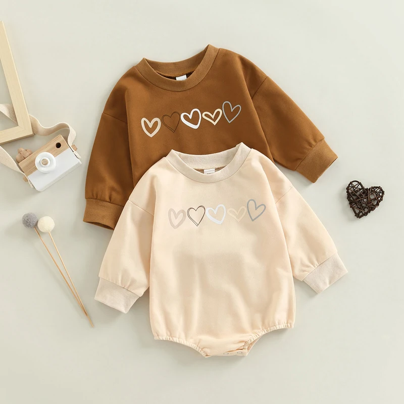 

Pudcoco Infant Baby Girl Boy Sweatshirt Bodysuit Heart Print Crew Neck Long Sleeve Snaps Jumpsuit for Toddlers 0-18Months