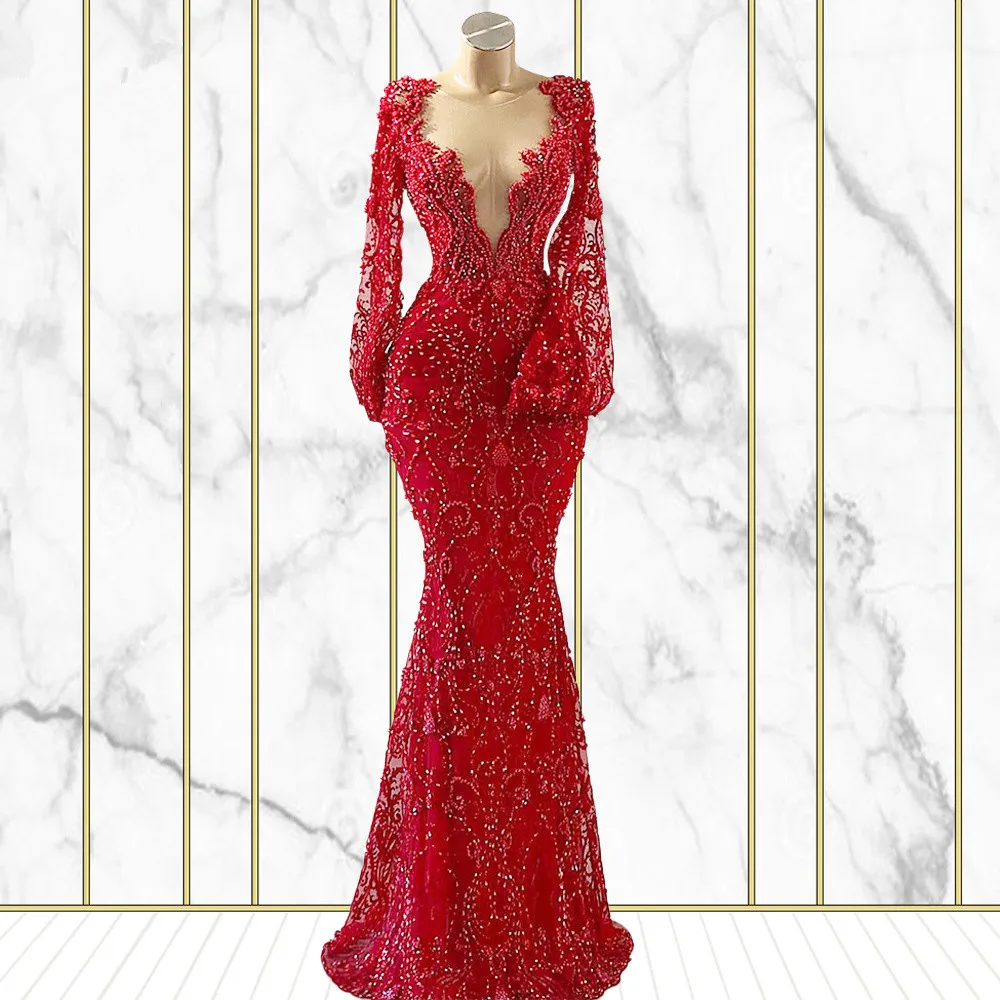 Платья для выпускного вечера Русалка с длинными рукавами из тюля бисером Красный