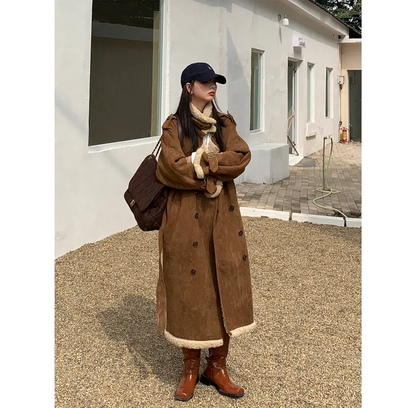 

Korean Version of Oversized Women's Mid-length Cotton Clothes Double Breasted Women Lamb Winter Brown Waistband Coat New 2022