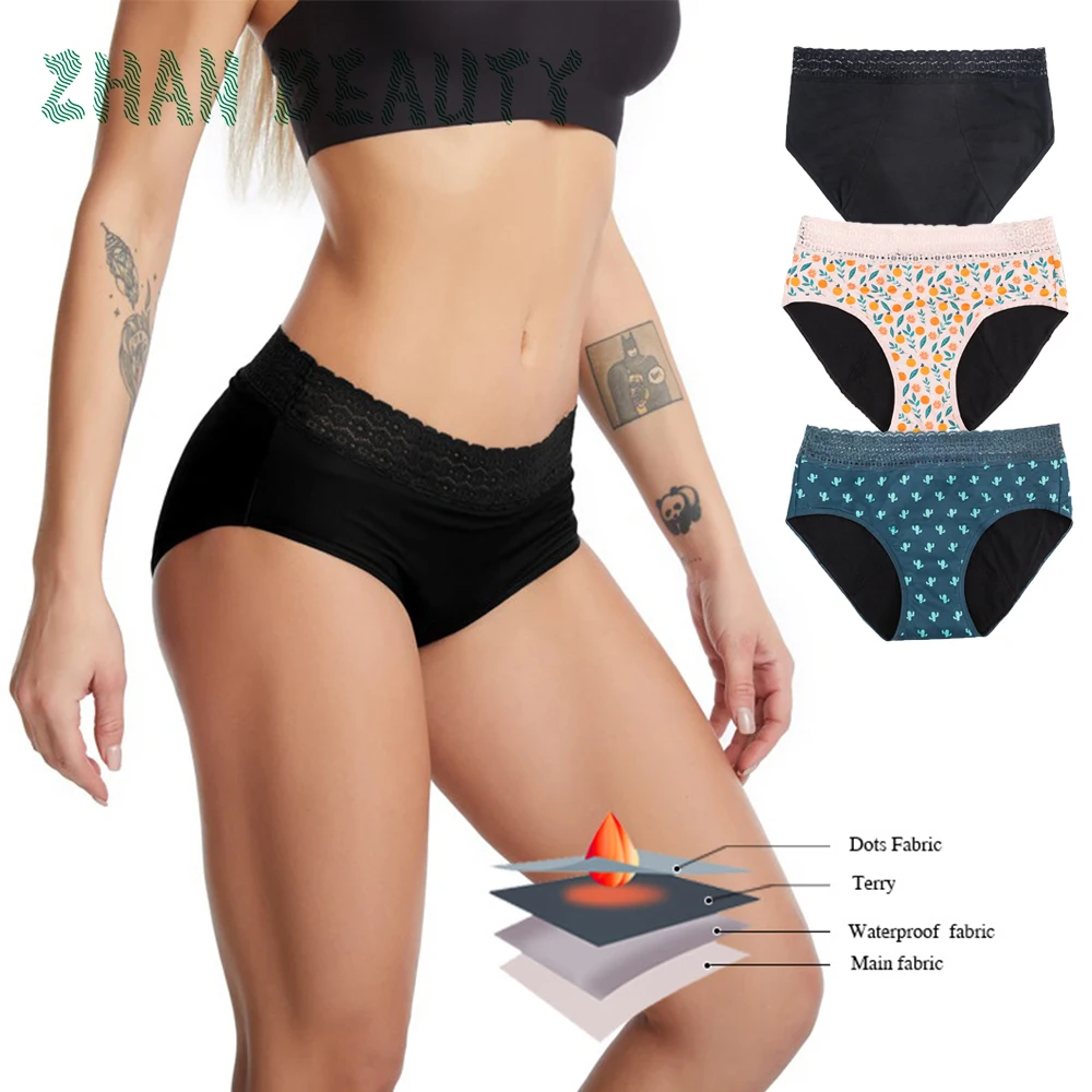 

Менструальные трусы, четырехслойное впитывающее нижнее белье, хлопковое кружевное физиологическое трусы для недержания, дышащие, Прямая п...
