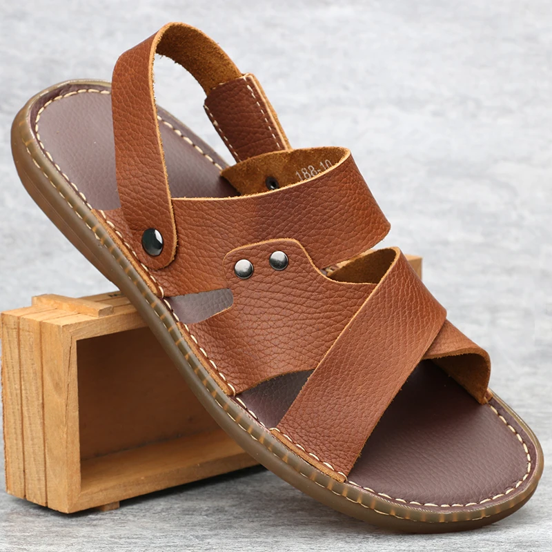 

TPR Outsole Sandals Men Genuine Leather Casual Summer Beach Shoes Comfortable Non-slip Slides US 6-10 Man Slippers