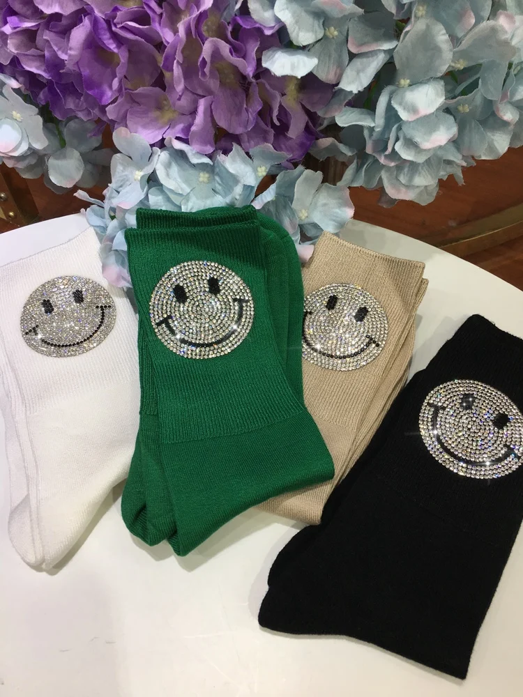 Smiley Hot Drilling Cuteness Women Socks Age Reduction All-match High-quality Pure Cotton Mid-tube Hose Sports Long Stocking