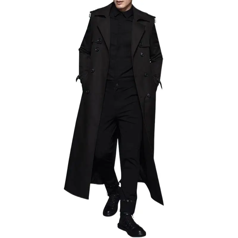 

100% Pure Cashmere Black Longstyle Windbreaker For Man Genuine High-slit Fatal Trench Handsome Classic Casual X-Long Coat