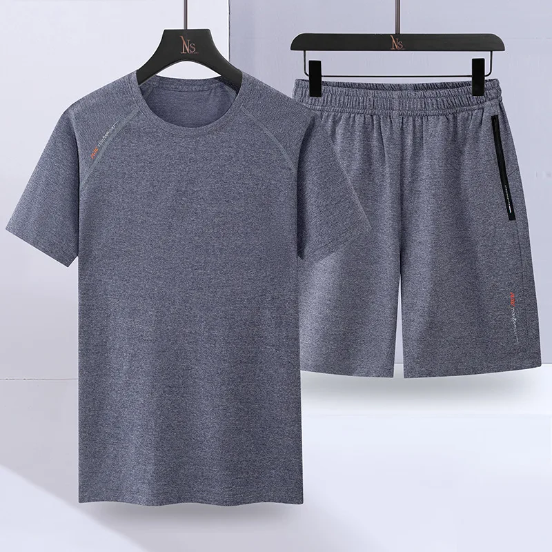 2023 Summer New Men's Short-Sleeved Suit Ice Silk Short Sleeve T-shirt Men's Shorts Casual Quick Drying Clothes Two-Piece Suit