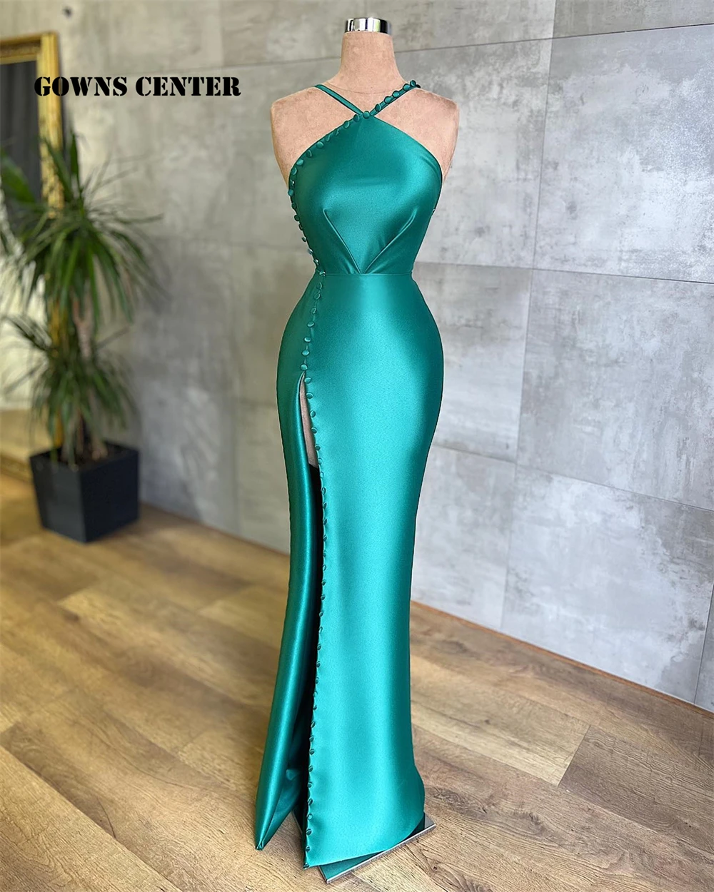 

Slit Evening Dresses Satin Elegant Dress Women For Wedding Party Mermaid Wedding Gowns Dinner Gown WIth Button robe de soree