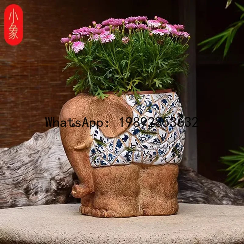 Фото Горшок для цветов HYS в форме слона, сине-белый, для декора двора, сада, виллы, двери, пола, для комнатных растений №4