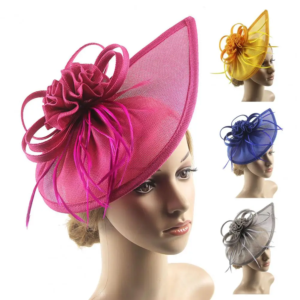 

Женская винтажная однотонная шляпа-котелок с искусственными перьями и сетчатыми цветами, свадебная шляпа с зажимом для волос, шляпа для праздвечерние, выпускного, банкета