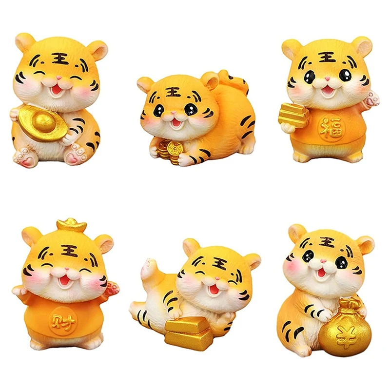 

6-Piece Set 2022 Miniature Tiger Figurine Resin Zodiac Tiger Ornament Fairy Garden Decoratio