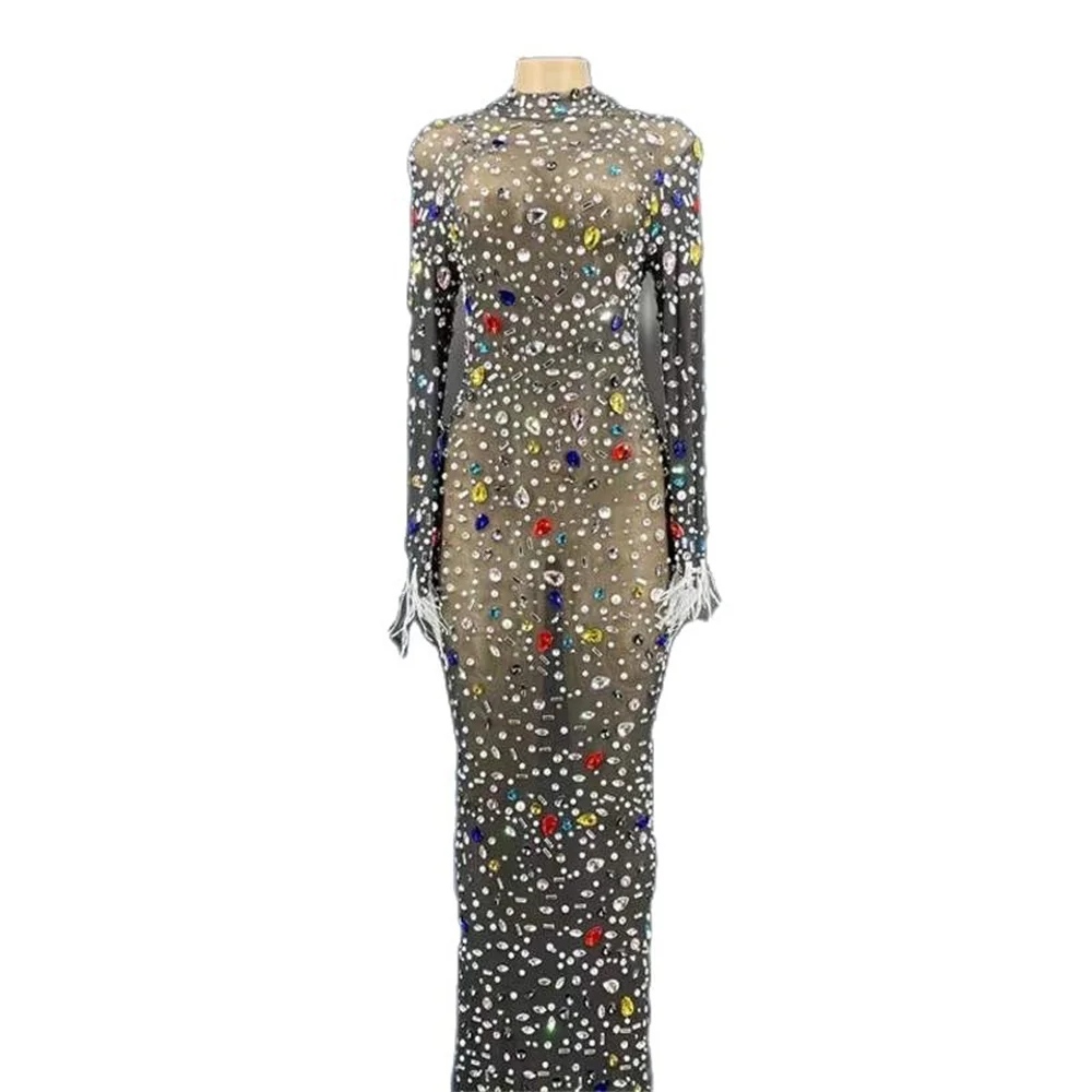 

Black And Nude Perspective Shining Crystal Sparkly Rhinestones Sexy Split Women Long Dress Evening Party Clothing Stage Costumes