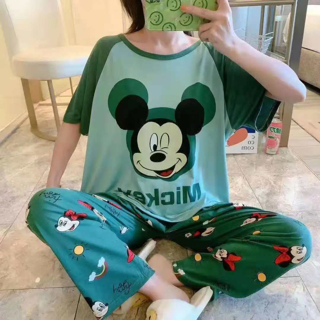 

Disney cartoon Mickey Minnie pajamas women short-sleeved trousers outer wear cotton home service suit pijamas women cotton