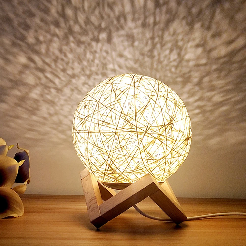 

Nordic Rattan Ball Night Light USB Projection Moon Table Lamp Romantic Intelligent Voice for Bedroom Living Room Home Decor